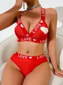 2 Pieces Set Milk Heart Printed Wireless Bras For Women - Red - View 3