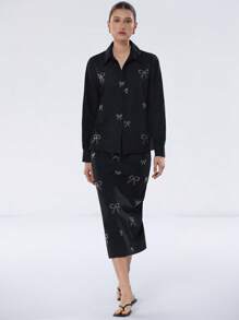 SHEIN Privé Set da 2 pezzi di abbigliamento casual da ufficio per donne: camicia con colletto e polsini con bottoni + gonna lunga basic, in tessuto premium con ricamo - nero - Visualizzare 6
