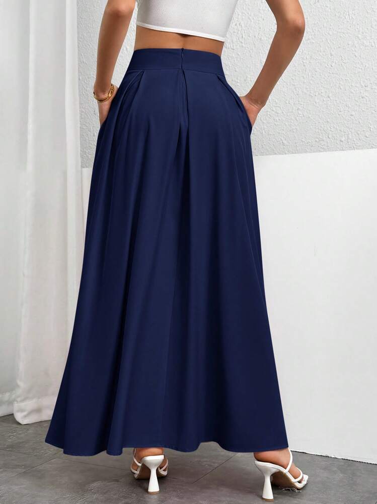 Firerie Women High Waist Pleated Long Skirt, Solid Color - Navy Blue - View 2