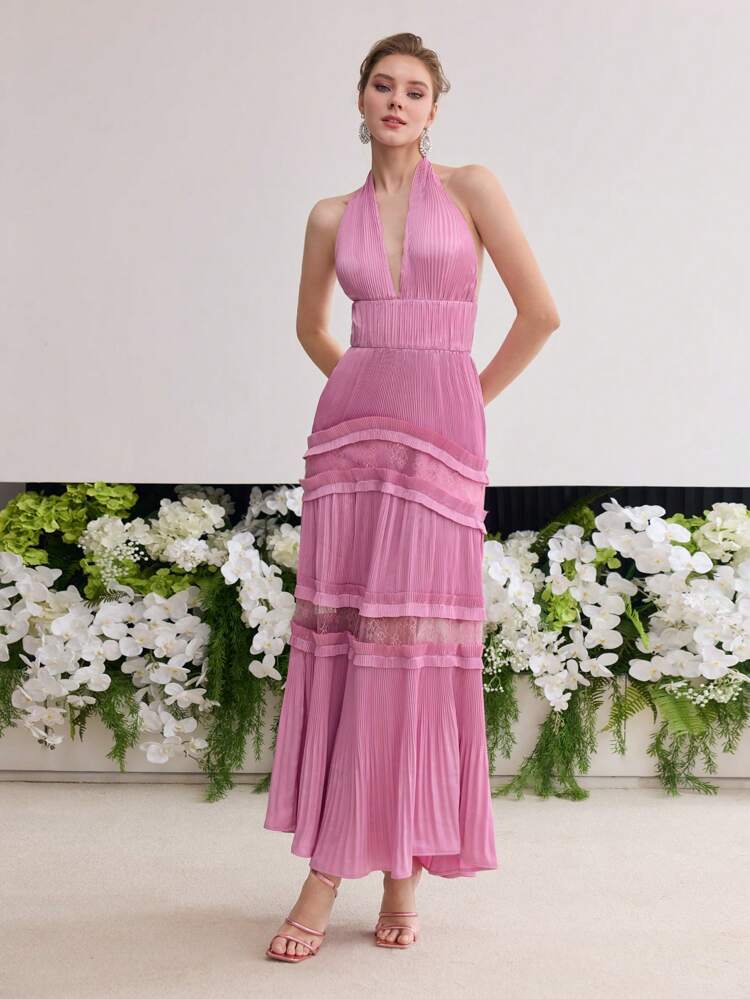 MOTF Soiréza CONTRAST LACE PLEATED HALTER DRESS