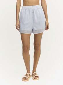 SHEIN Unity 纹理条纹薄纱短裤，前部纽扣设计，休闲百搭，为任何造型增添时尚感。