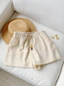 Comfortcana Women's Casual Ruched Waist Drawstring Pocket Relaxed Shorts - Apricot - View 5