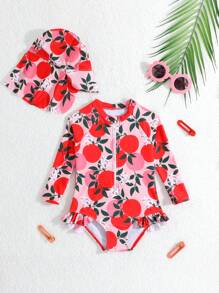 Baby Girl Floral Print Long Sleeve Zipper Front One-Piece Swimsuit, Ruffled Trim, Includes Hat (Random Print) - Multicolor - View 3
