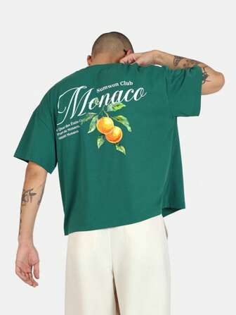 SUMWON Camiseta com estampa cítrica Sumwon Club Monaco, estilo urbano, estilo urbano, caimento quadrado, casual, moda primavera, férias, praia, tema de viagem