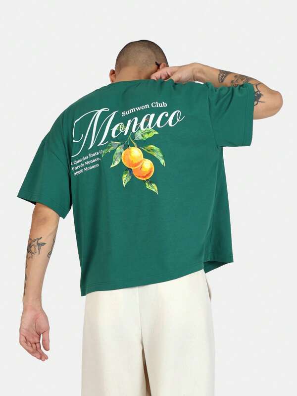 SUMWON Sumwon Club Monaco Citrus Print T-shirt Zomer Streetwear Urban Stijl Boxy Fit Casual Lente Mode Vakantie Strand Reizen Thema T-shirt