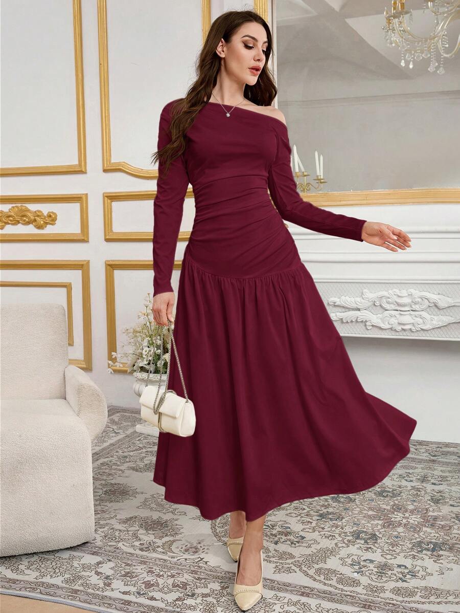 Modelyn 女士优雅魅力斜肩针织编织伞形下摆时尚连衣裙长款晚礼服 - 紅色 - 查看 1