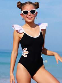 Tween 女童简约时尚休闲连体泳衣，适合日常穿着 - 黑與白 - 查看 4