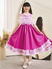 SHEIN Leap Crew Tween Girl Elegant Round Neck Sleeveless Ruffle Waist A-Line Midi Dress - Pink - View 3