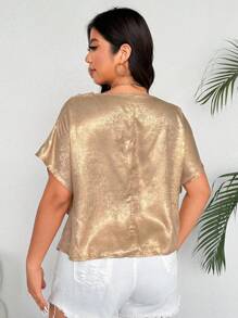 Calvaya 大码女式垂褶短袖金箔褶皱宽松优雅衬衫，适合约会和聚会 - 金色 - 查看 2