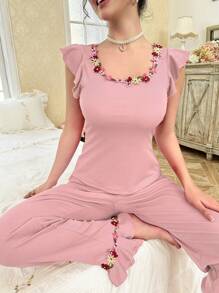 CottageSlumber Women's Floral Embroidery Decor Square Collar Cap Sleeve Long Pants Pajama Set Holiday Season - Baby Pink - View 4