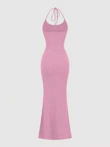 Sweetra Women's Solid Color Bodycon Fishtail Hem Elegant Halter Neck Dress Prom Dresses For Women - Coral Pink - View 2