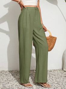 SHEIN VCAY Women's Solid Color Pleated Wide Leg Loose Casual Pants, Versatile