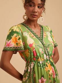 Travachic Váy dài vừa phải, tay ngắn, cổ chữ V, họa tiết hoa, thường ngày, trang phục mùa hè cho phụ nữ, mùa hè, trang phục nghỉ mát cho phụ nữ, váy mùa hè cho phụ nữ - màu xanh lá - Xem 1