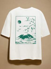 EASEVO Plus Size Men's White Loose Knit Printed Crew Neck Short Sleeve Vintage T-Shirt, Summer - White - View 3