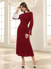 Modelyn 女士拼色露背修身迷你连衣裙长款晚礼服 - 酒紅色 - 查看 4