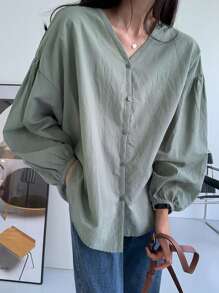 DAZY Solid Drop Shoulder Button Through Shirt,Fall Clothes Preppy Tops Long Sleeve Top - Green - View 9