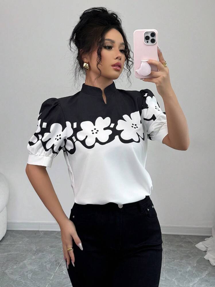 Selianne Elegant Casual Floral Print Stand Collar Short Sleeve Women Shirt, Spring/Summer - Black and White - View 3