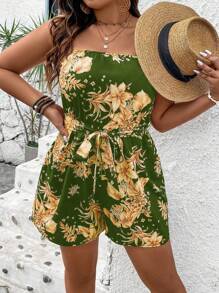 Breezaya Plus Size Women Floral Print Halter Romper - Army Green - View 3