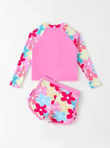 年轻女孩细肩带比基尼套装，印花分体泳衣 - 粉色 - 查看 2