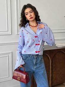 EastFlair New Chinese Style Heart Striped Print V-Neck Flare Sleeve Button Front Ladies Blouse
