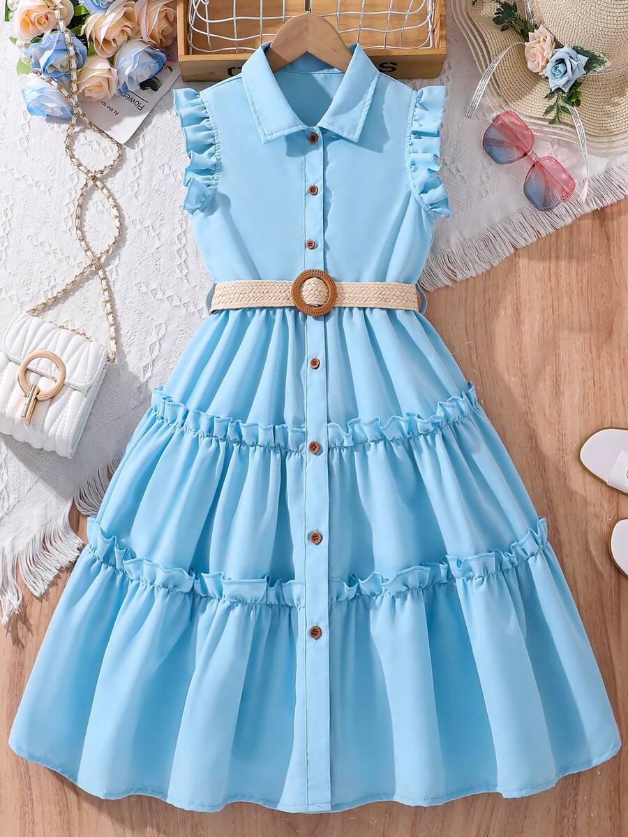 SHEIN Tween Girl Solid Color Front Button Ruffle Hem Mid-Calf Dress With Woven Belt,Holiday,Summer,Travel - Blue - View 1