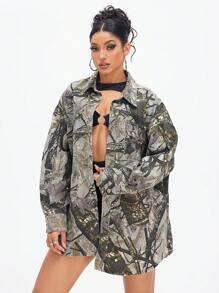 SHEIN ICON Plant Printed Button Front Pocket Denim Jacket, Suitable For Everyday Wear - Green - View 4