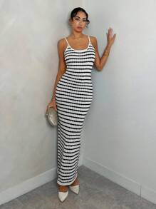 Glamine Mid-Length Black & White Stripe Camisole Knit Dress, Elegant & Charming, Spring/Summer Bodycon Dresses For Women Women Elegant Dresses Woman Dress - Black and White - View 4