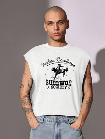 SUMWON Sumwon Society ärmelloses Trägershirt mit Westernrodeo-Grafik, muskelbetontes Streetwear-T-Shirt, urbane Mode, Festival, lässiger Sommer-Tank