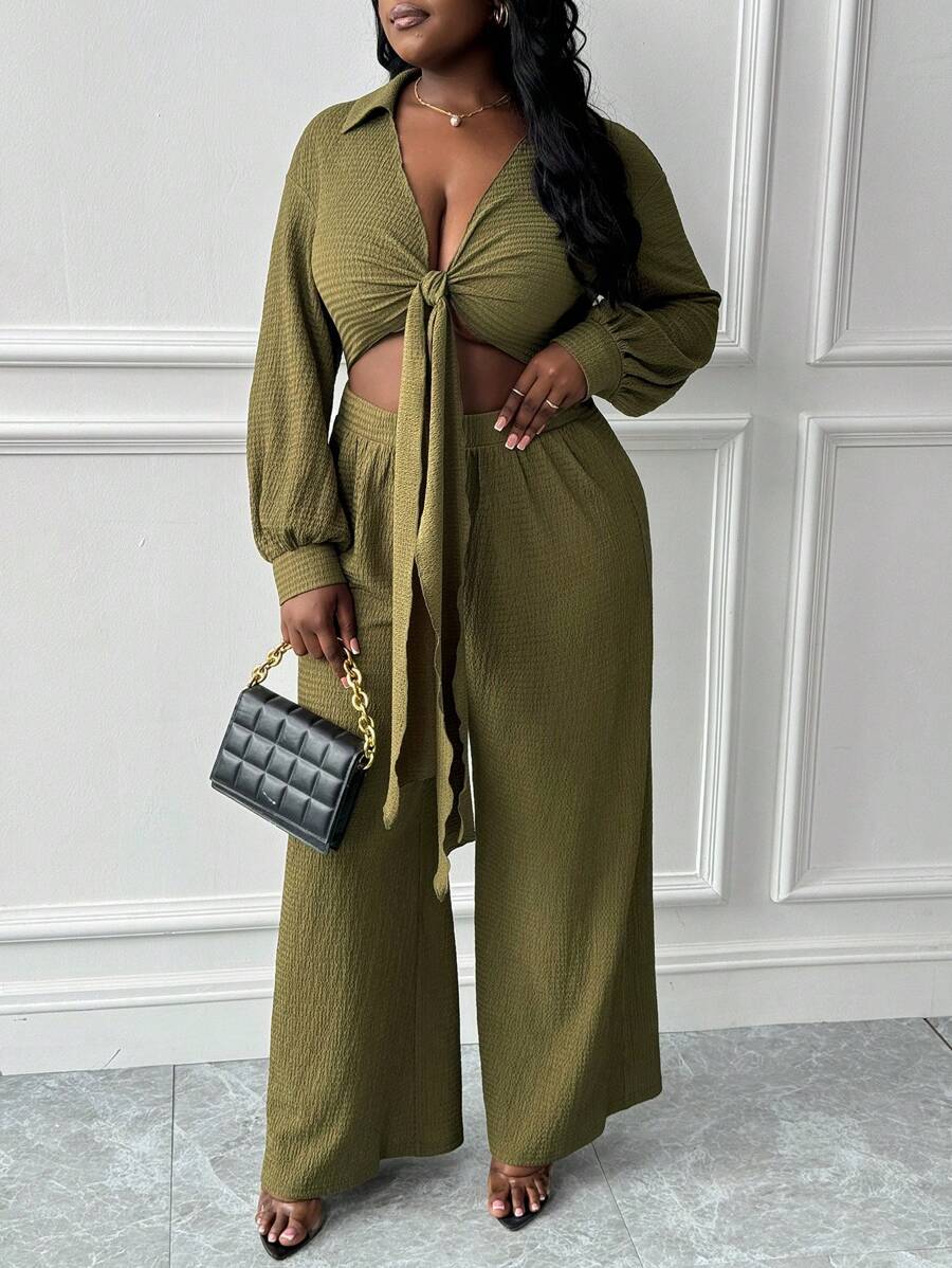 Slaydiva 优雅度假日常胸前打结衬衫领长袖阔腿连体裤大码女装 - B