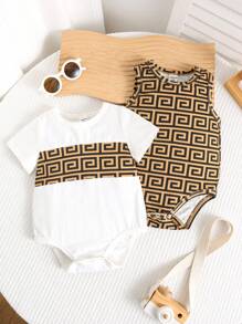 SHEIN 2pcs Baby Boy/Girl Casual Geometric Color Block Sleeveless Bodysuit, Suitable For Spring/Summer Indoor & Outdoor Wear