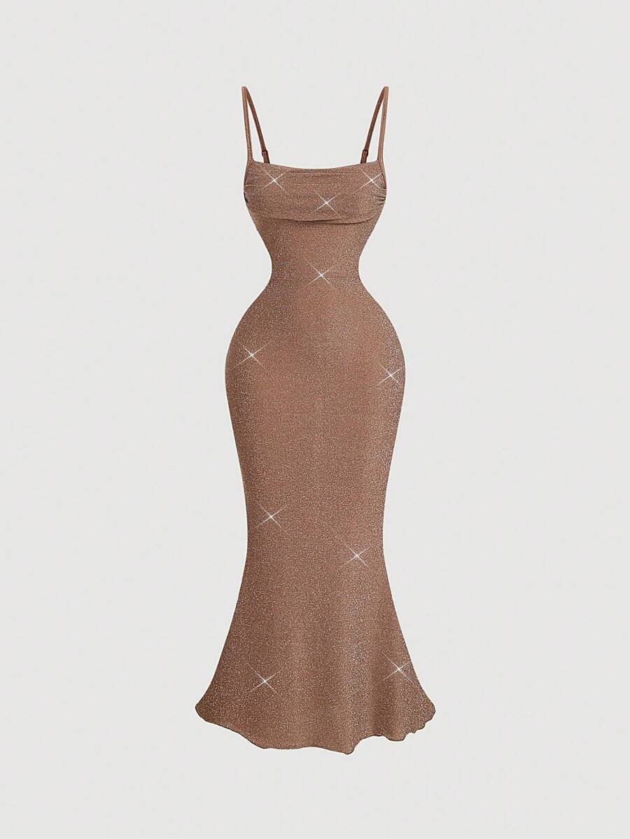 SHEIN MOD Women Brown Pleated Bust Fishtail Hem Long Dress,Beach Women Outfits, New Year Party Dress,New Year Eve Dress,Holiday Dress, Women Dress,Brown New Year,Holiday Party Women Dress,Brown Dress,Formal Dress - Mocha Brown - View 1