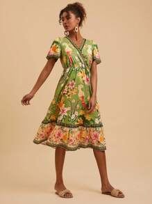 Travachic Váy dài vừa phải, tay ngắn, cổ chữ V, họa tiết hoa, thường ngày, trang phục mùa hè cho phụ nữ, mùa hè, trang phục nghỉ mát cho phụ nữ, váy mùa hè cho phụ nữ - màu xanh lá - Xem 6