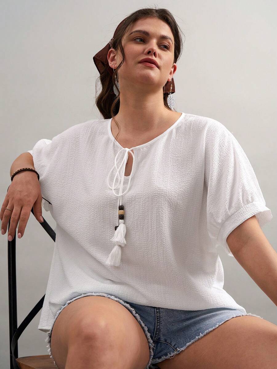 SHEIN VCAY 大码蝙蝠袖系带流苏衬衫夏季沙滩装度假女士复活节春季女士圣帕特里克复活节狂欢节优雅休闲西部可爱波西米亚乡村老钱教师早午餐女士热带度假女士伊比沙岛 - 白色 - 查看 1