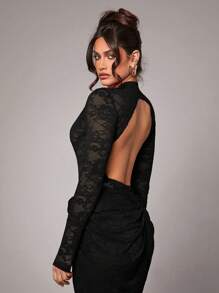 Silquee 女士优雅性感浪漫纯色红色、酒红色、勃艮第红，必备蕾丝可爱露背长袖连体衣，适合姐妹聚会、情人节、夜间外出等场合。 - 黑色 - 查看 7