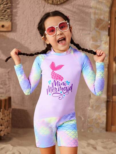 Young Girls Solid Color Patchwork Round Neck Long Sleeve Casual One Piece Swimsuit Summer Holiday