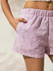 Easelle Women's Casual Pink Woven Striped Shorts - Multicolor - View 6