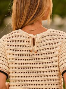 Aralina Beige Tipping Crochet Drawstring Summer Vacation Outfits Two Pieces Set - Brown - View 4