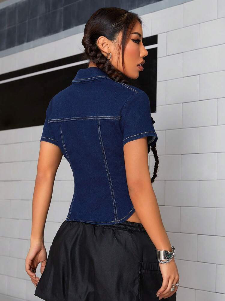 SHEIN ICON Open Front Button Short Sleeve Fitted Women Denim Shirt Blouse - Dark Wash - View 2