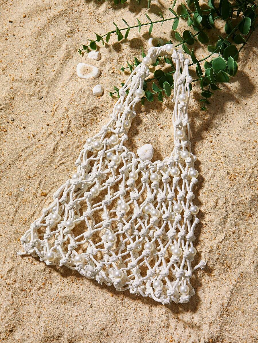 SHEIN SXY 女士度假风格休闲镂空编织单肩包 - 白色 - 查看 1