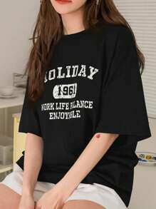 字母图案落肩T恤夏季超大T恤学院风上衣 - 黑色 - 查看 6