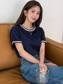 DAZY Camiseta De Cuello Redondo Con Ribete De Contraste - Azul Marino - Ver 9