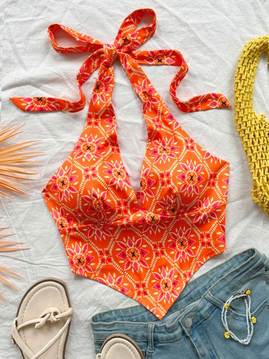 Soleia 女士度假波西米亚风格橙色印花深 V 前背带不对称下摆短款上衣，适合海滩、音乐节、夏季