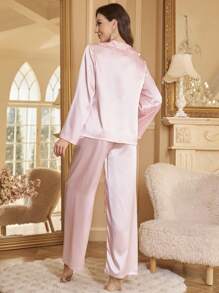 Bow Decor Color Block Cardigan Sleepwear Set For Women - Pink - View 2