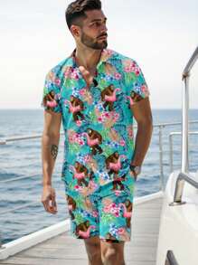 Manfinity RSRT 2pcs Men's Tropical Print Short Sleeve Shirt And Shorts Set, Vacation - Multicolor - View 2