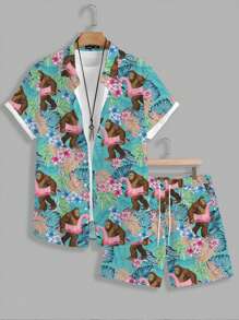 Manfinity RSRT 2pcs Men's Tropical Print Short Sleeve Shirt And Shorts Set, Vacation - Multicolor - View 6