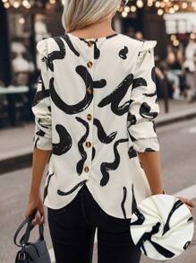 SHEIN Clasi Graphic Print Button Back Ruffle Trim Blouse,Three Quarter Sleeve Tops - Multicolor - View 1
