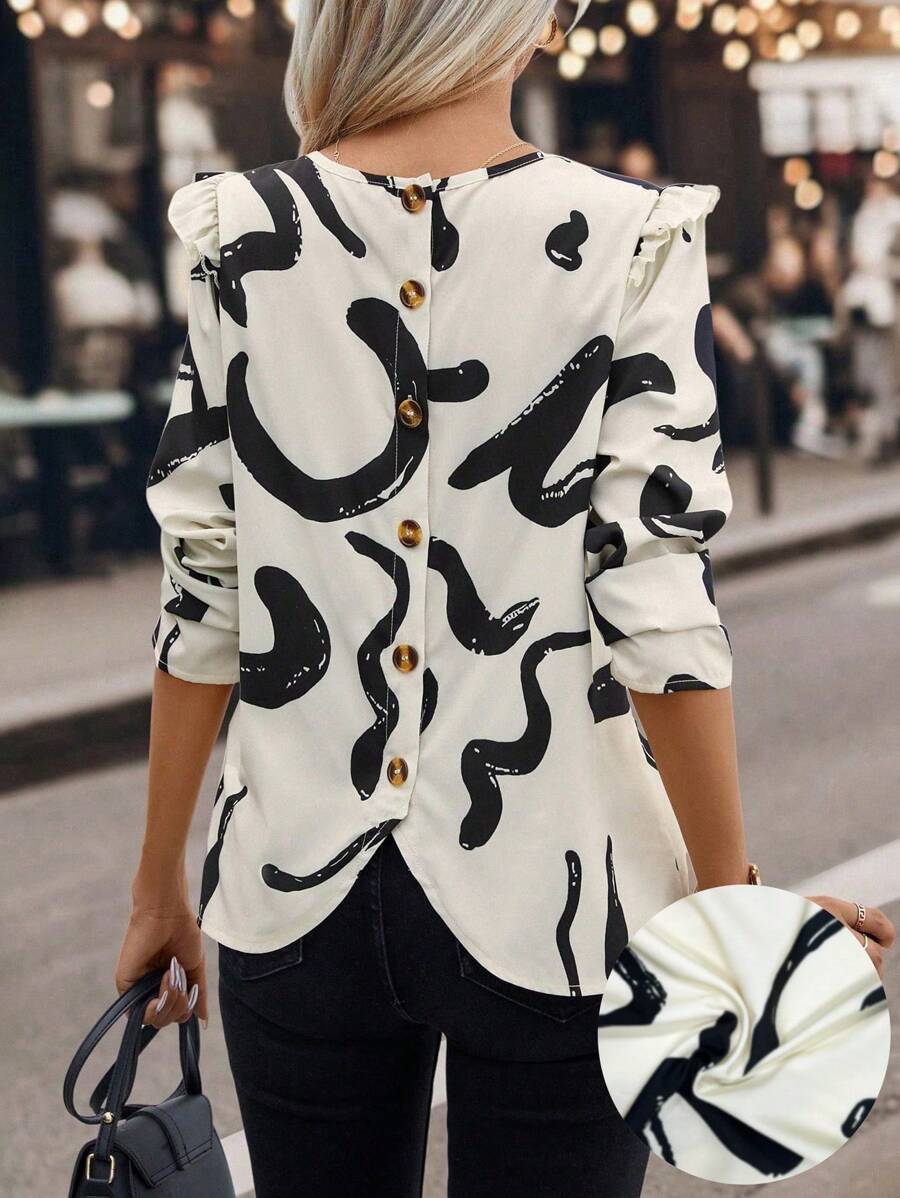 SHEIN Clasi Graphic Print Button Back Ruffle Trim Blouse,Three Quarter Sleeve Tops - Multicolor - View 1