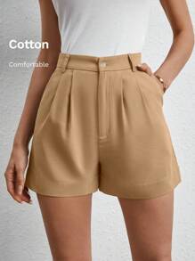 SHEIN Frenchy Chất rắn Túi nghiêng Xếp nếp Quần short - Lạc đà - Xem 6