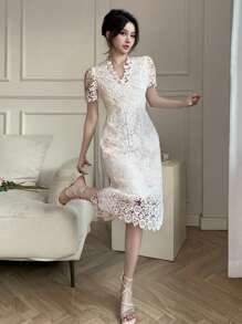 DAZY 女士纯色荷叶边短袖休闲修身连衣裙舞会礼服优雅太阳裙、婚礼礼服、返校服