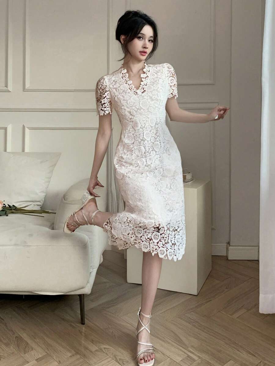 DAZY 女士纯色荷叶边短袖休闲修身连衣裙舞会礼服优雅太阳裙、婚礼礼服、返校服